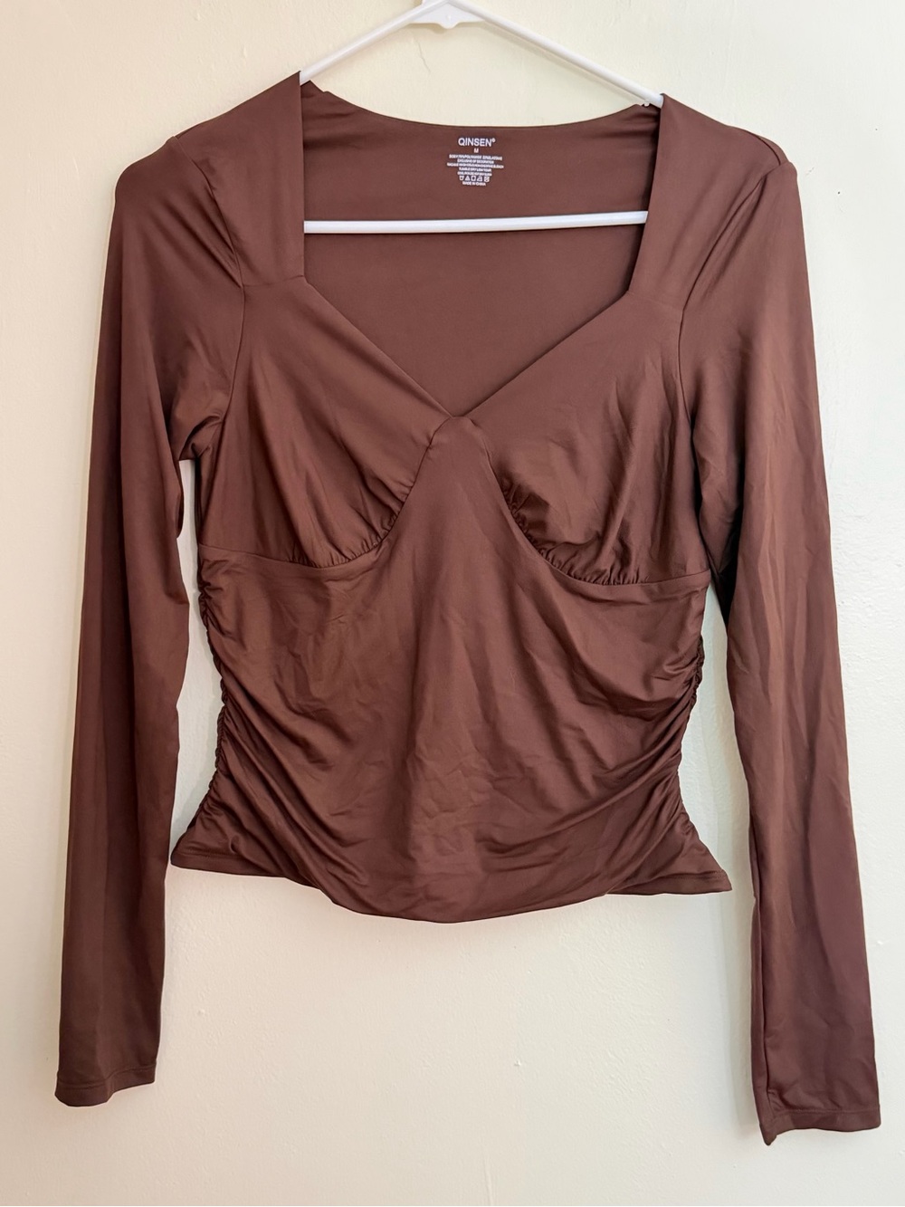 Brown Long-Sleeve V-Neck Ruched Women's Top